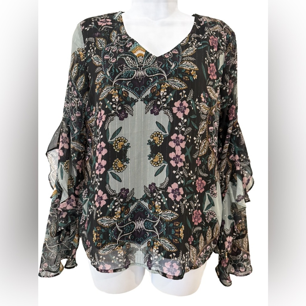 Iz Byer Sheer Ruffle Sleeve Black and Pink Floral Blouse. Medium